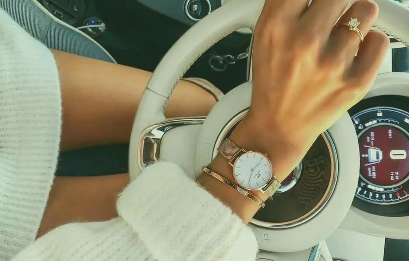 Photo wallpaper auto, girl, feet, watch, ring, the wheel, slender legs