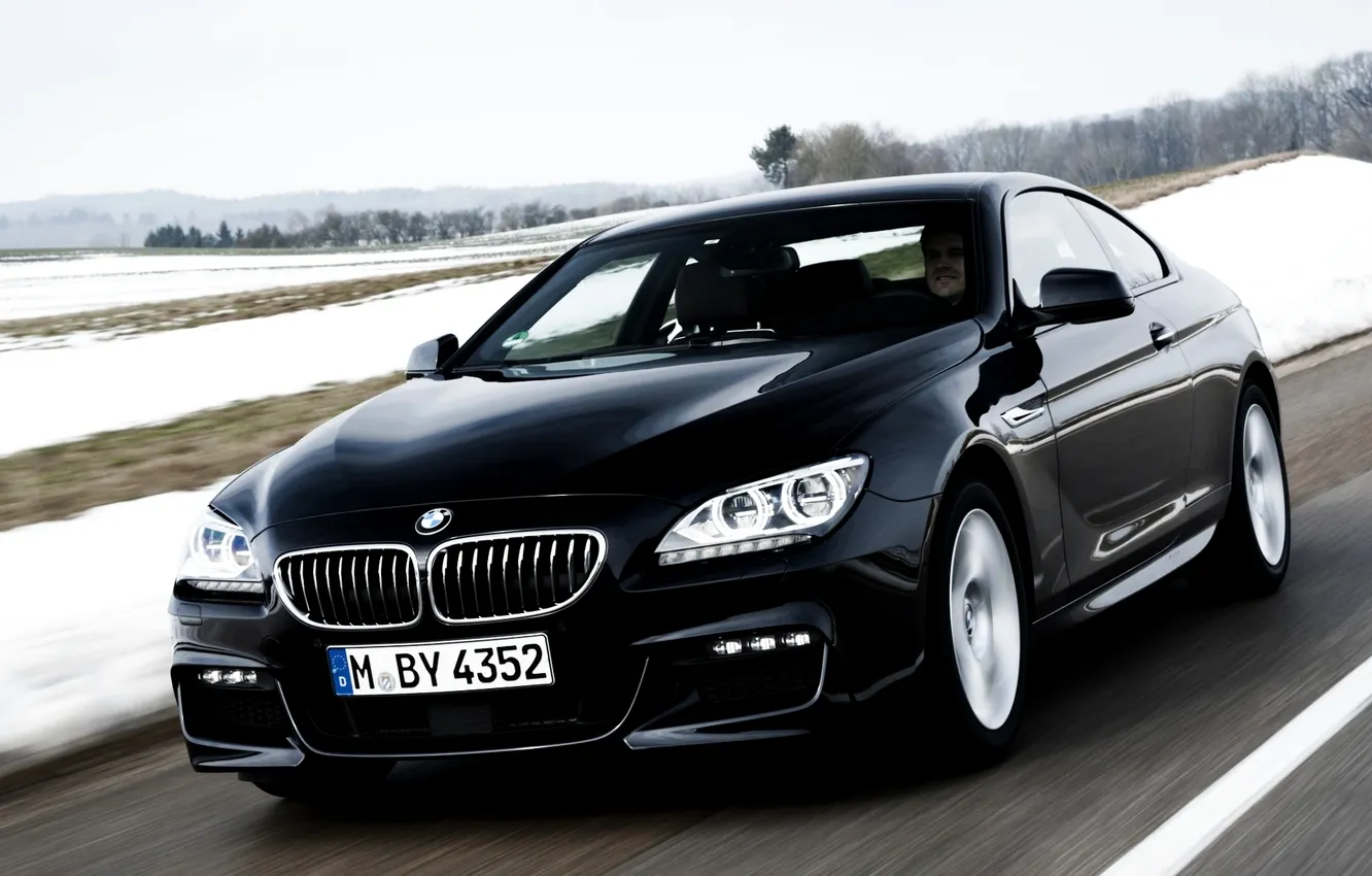 Photo wallpaper road, the sky, snow, black, bmw, BMW, coupe, the front