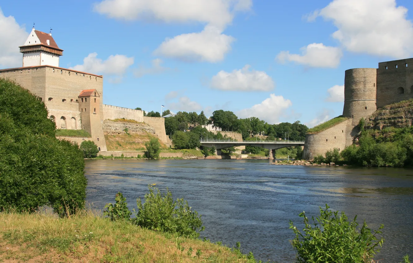 Photo wallpaper the sky, grass, clouds, trees, bridge, the city, river, castle
