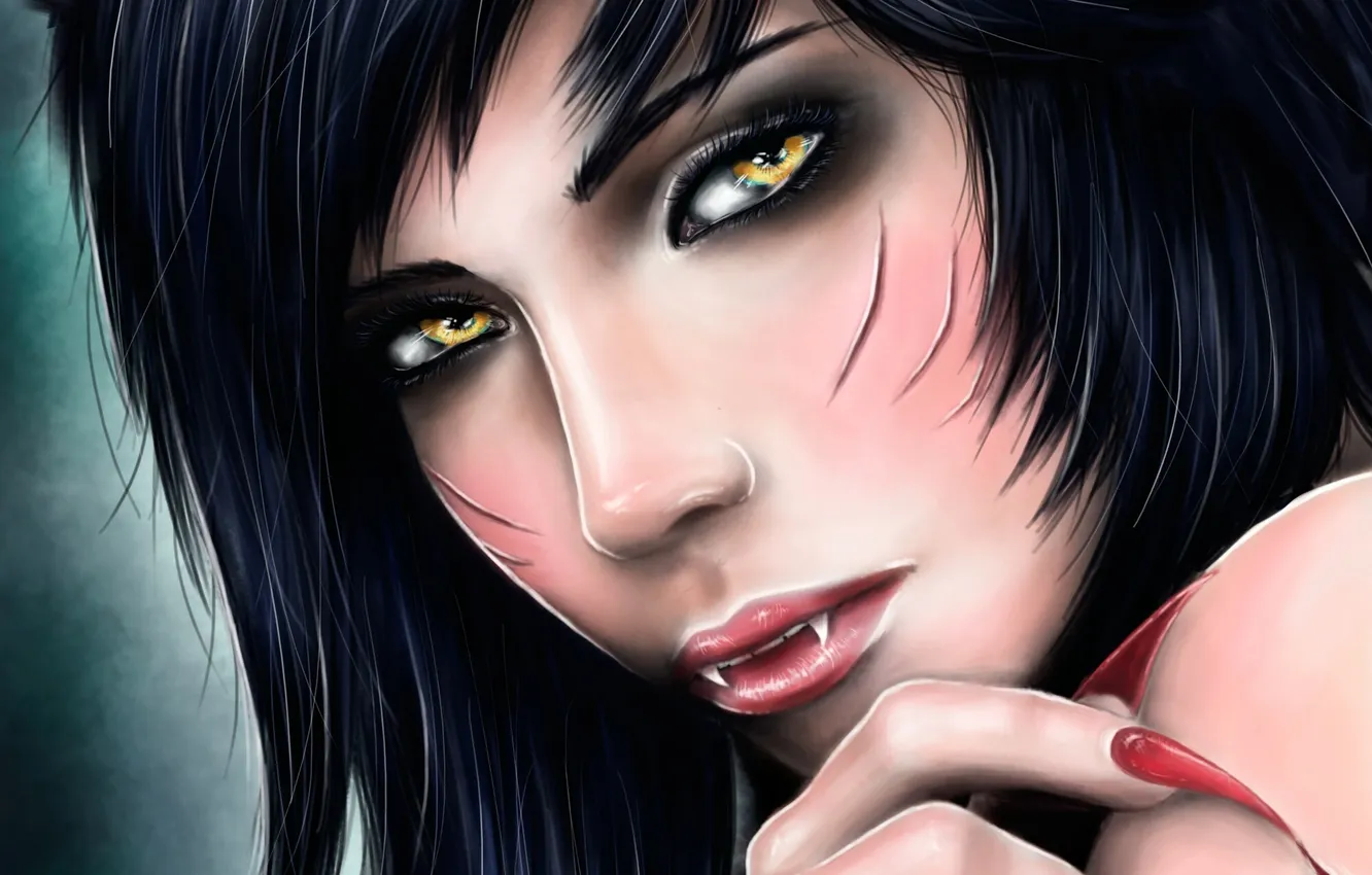 Photo wallpaper girl, face, blood, teeth, claws, League of Legends, Ahri, AHRI