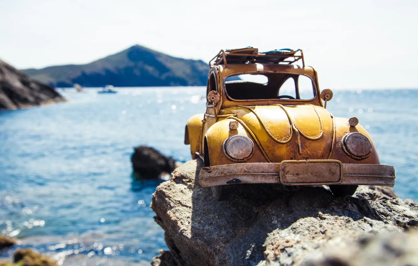 Photo wallpaper sea, auto, macro, yellow, stones, model, toy, Citroen