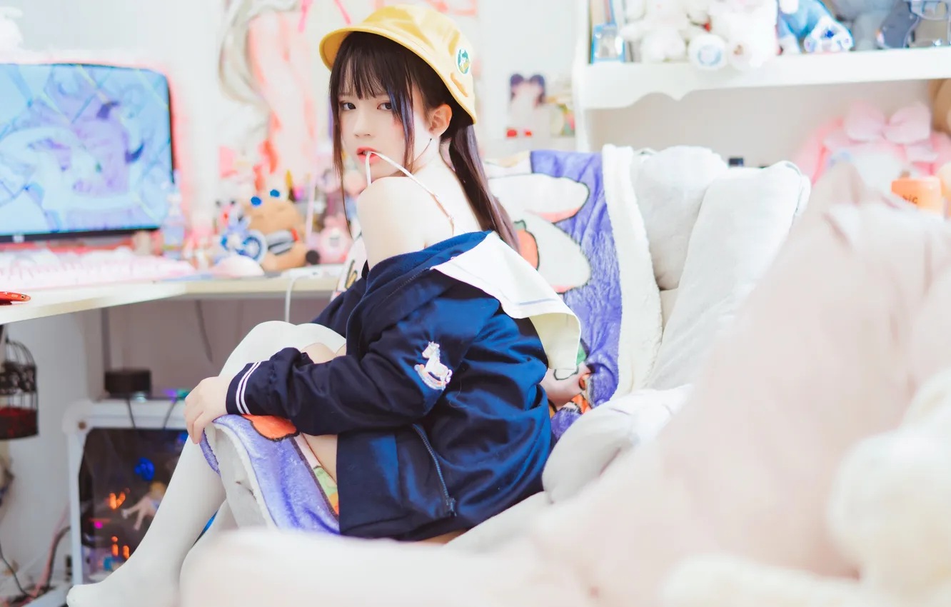 Photo wallpaper woman, computer, beautiful, model, pretty, toys, asian, sofa