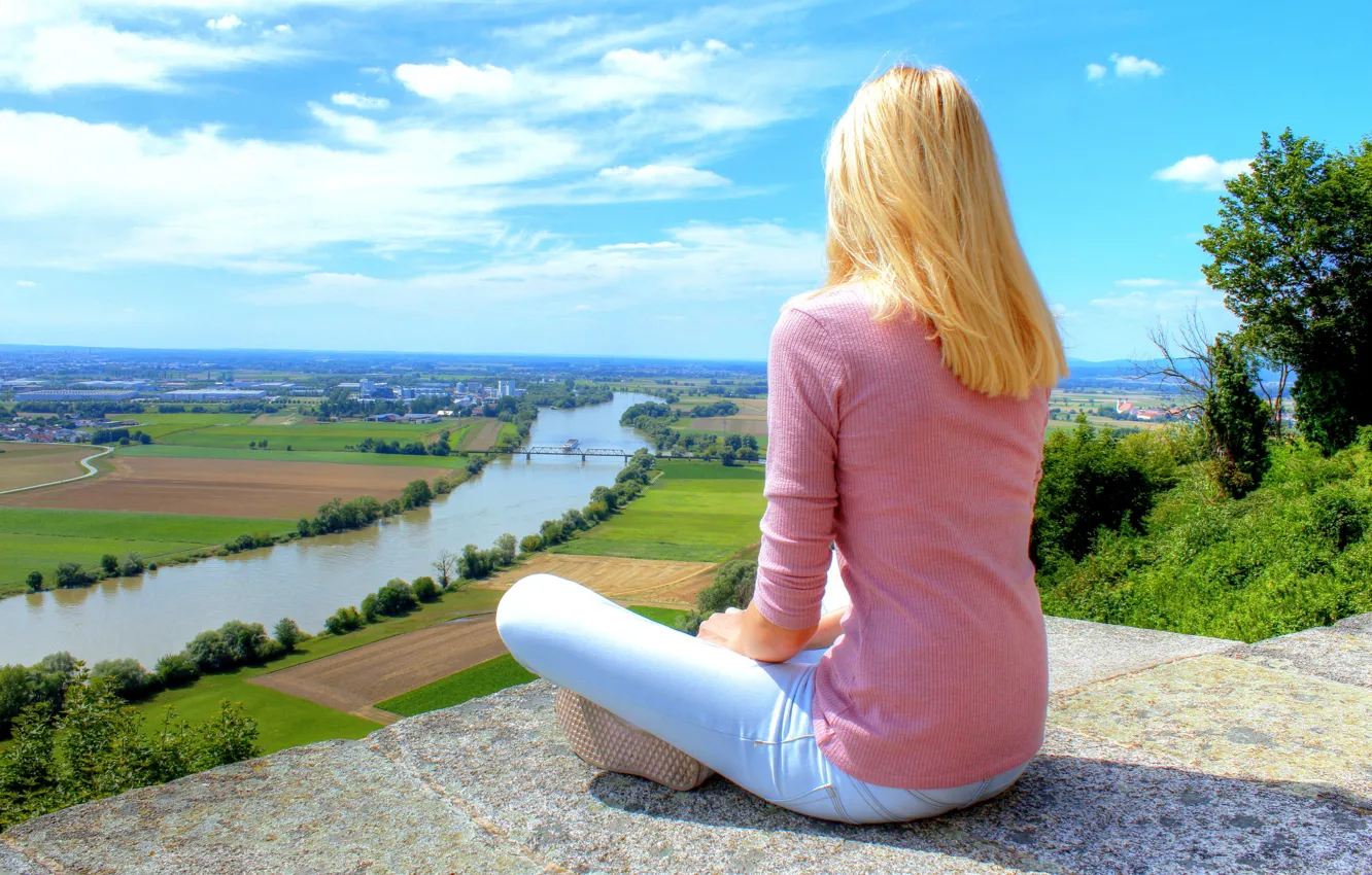 Photo wallpaper jeans, blonde, sitting, sweater