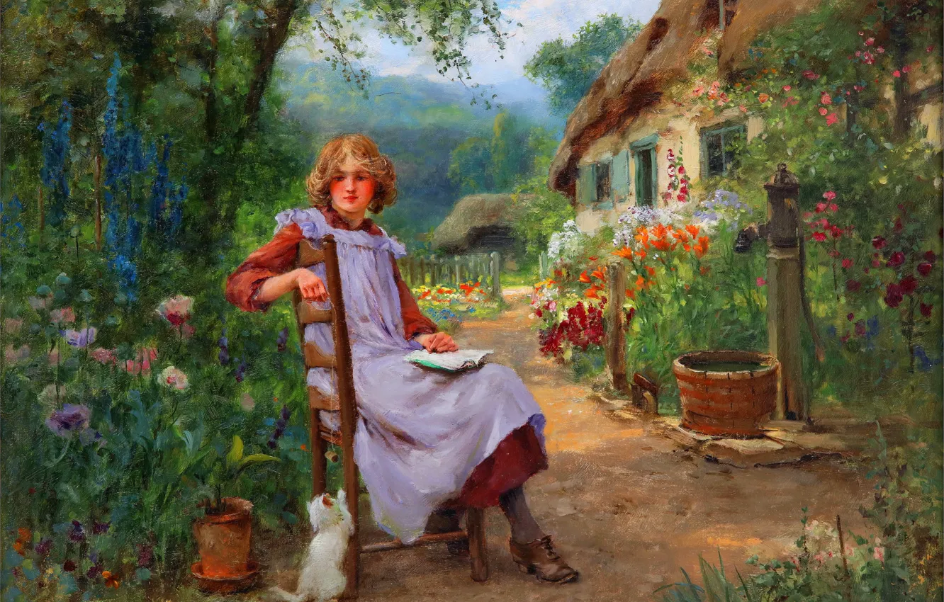 Photo wallpaper girl, flowers, home, picture, chair, kitty, in the garden, British artist