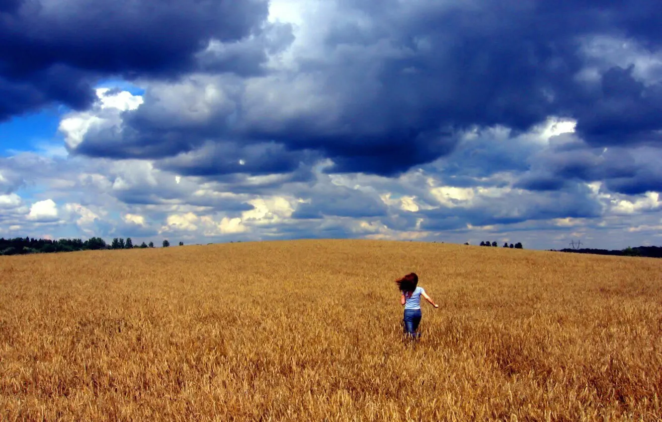 Photo wallpaper field, anger, clouds, Girl
