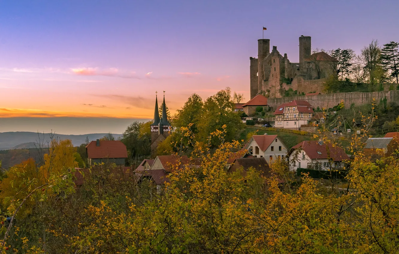 Photo wallpaper autumn, landscape, sunset, home, the evening, Germany, fortress, Castle Hanstein