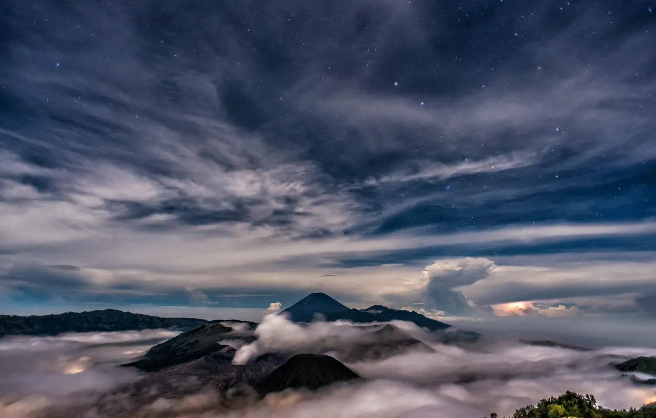Photo wallpaper the sky, stars, clouds, mountains, night, fog, blue, tops