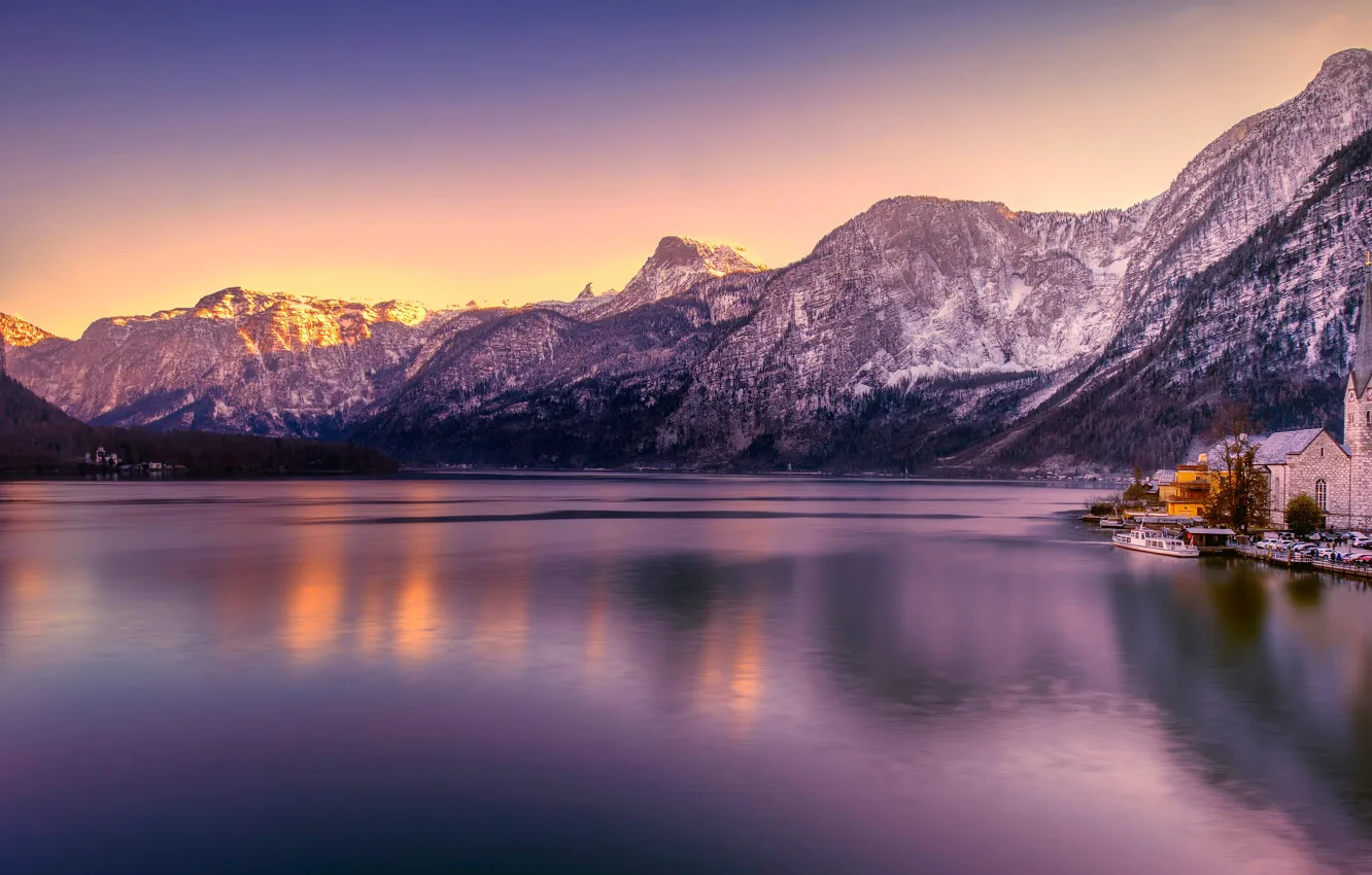 Photo wallpaper the sky, mountains, reflection, shore, tops, the evening, morning, Austria
