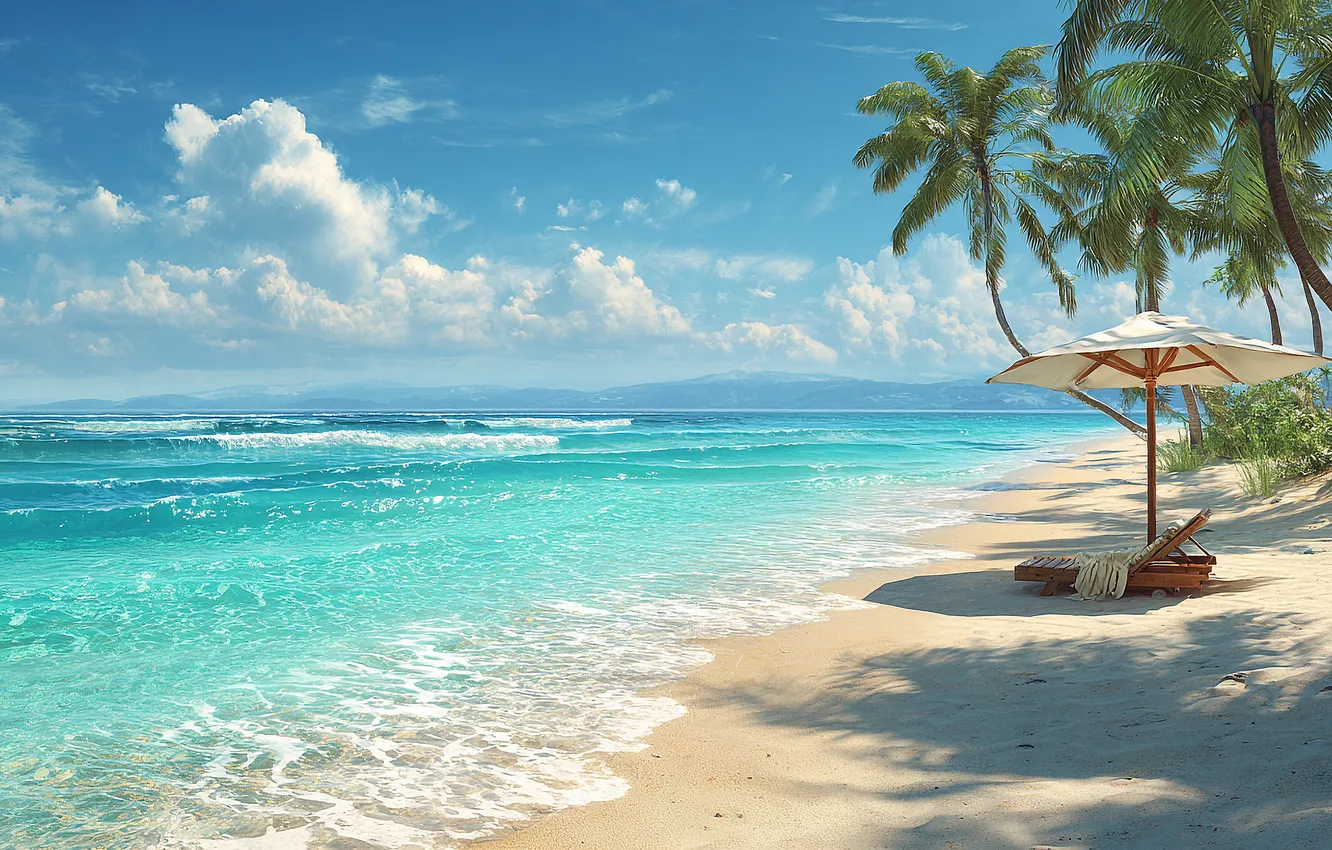 Photo wallpaper sand, sea, wave, beach, the sky, clouds, light, tropics