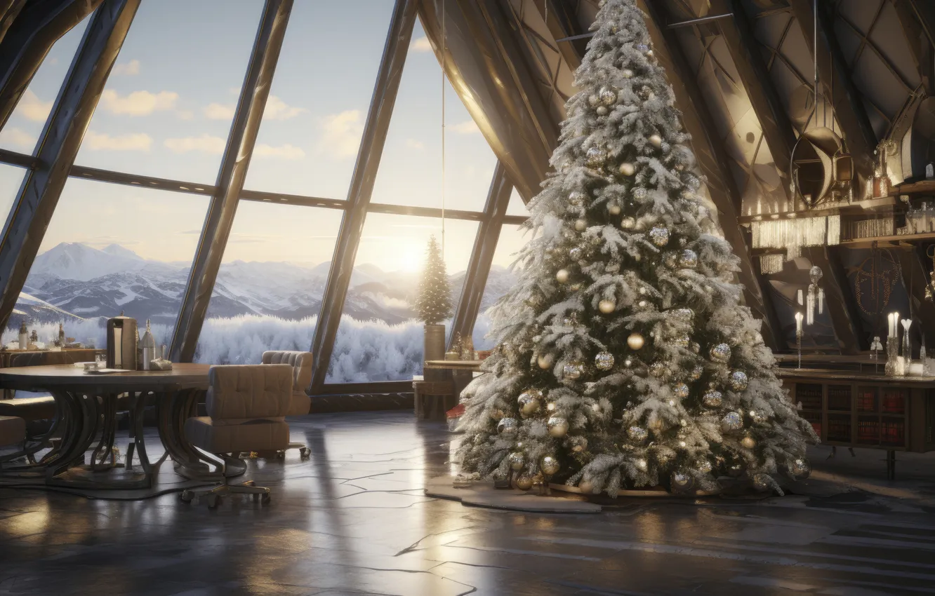 Photo wallpaper room, furniture, new year, interior, window, Christmas, hall, living room