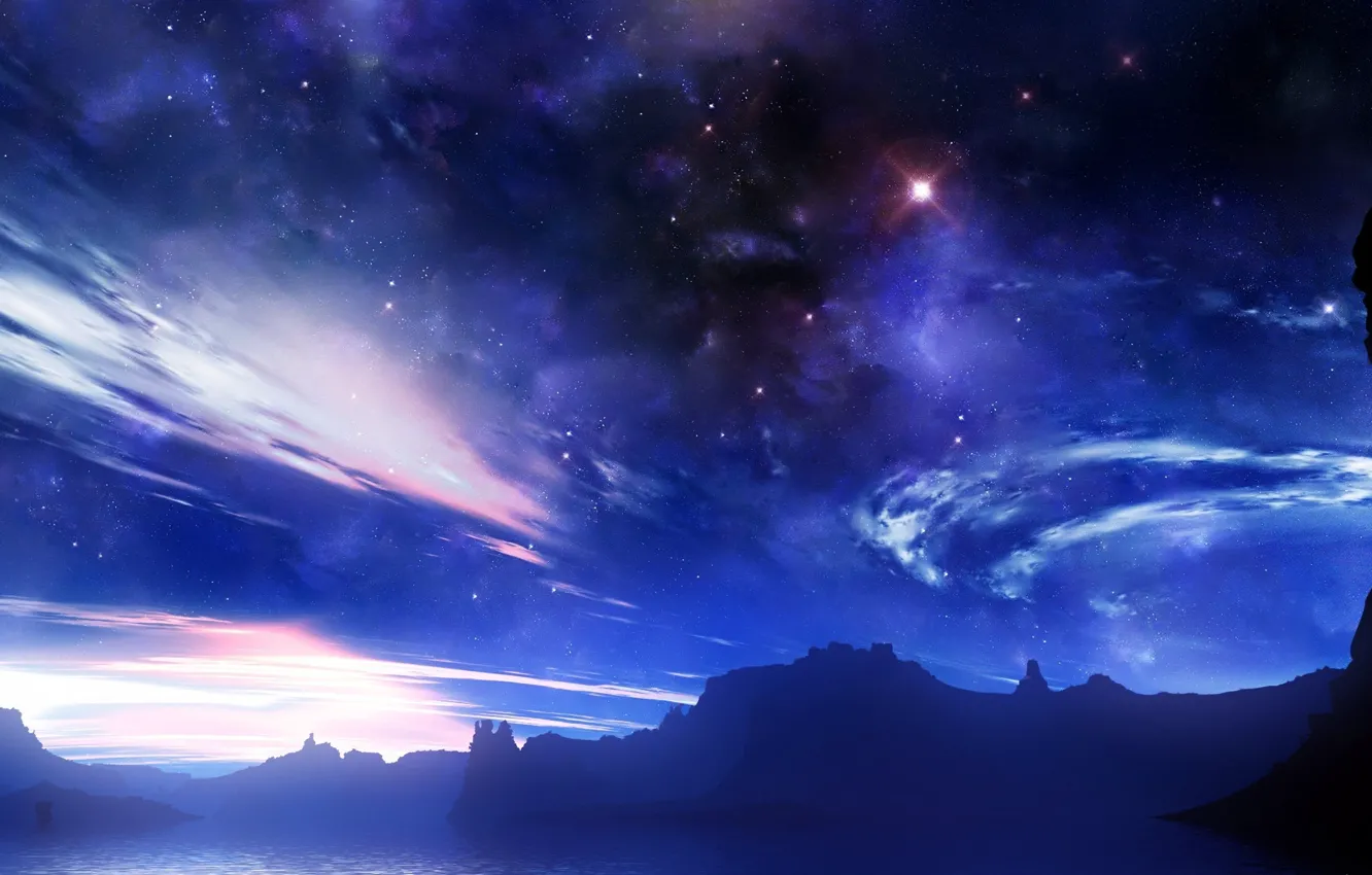 Photo wallpaper the sky, space, stars, clouds, lights, fog, lights