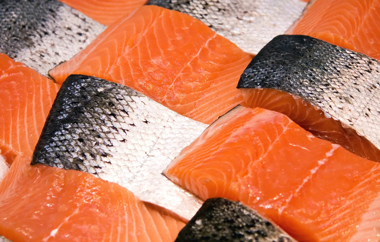 Photo wallpaper fish, cutting, fresh, piece, salmon, red fish, pieces of fish