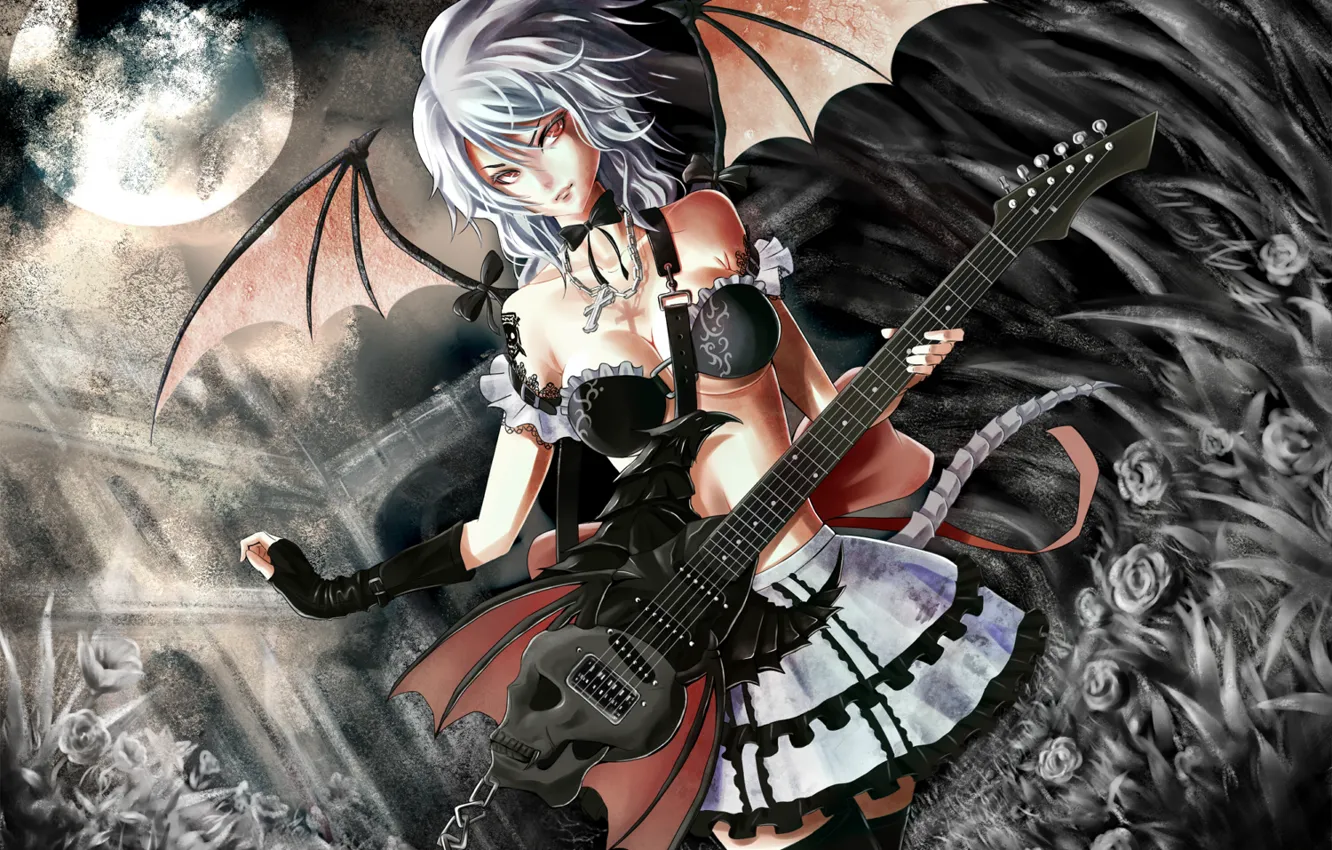 Photo wallpaper guitar, wings, the demon, grey hair