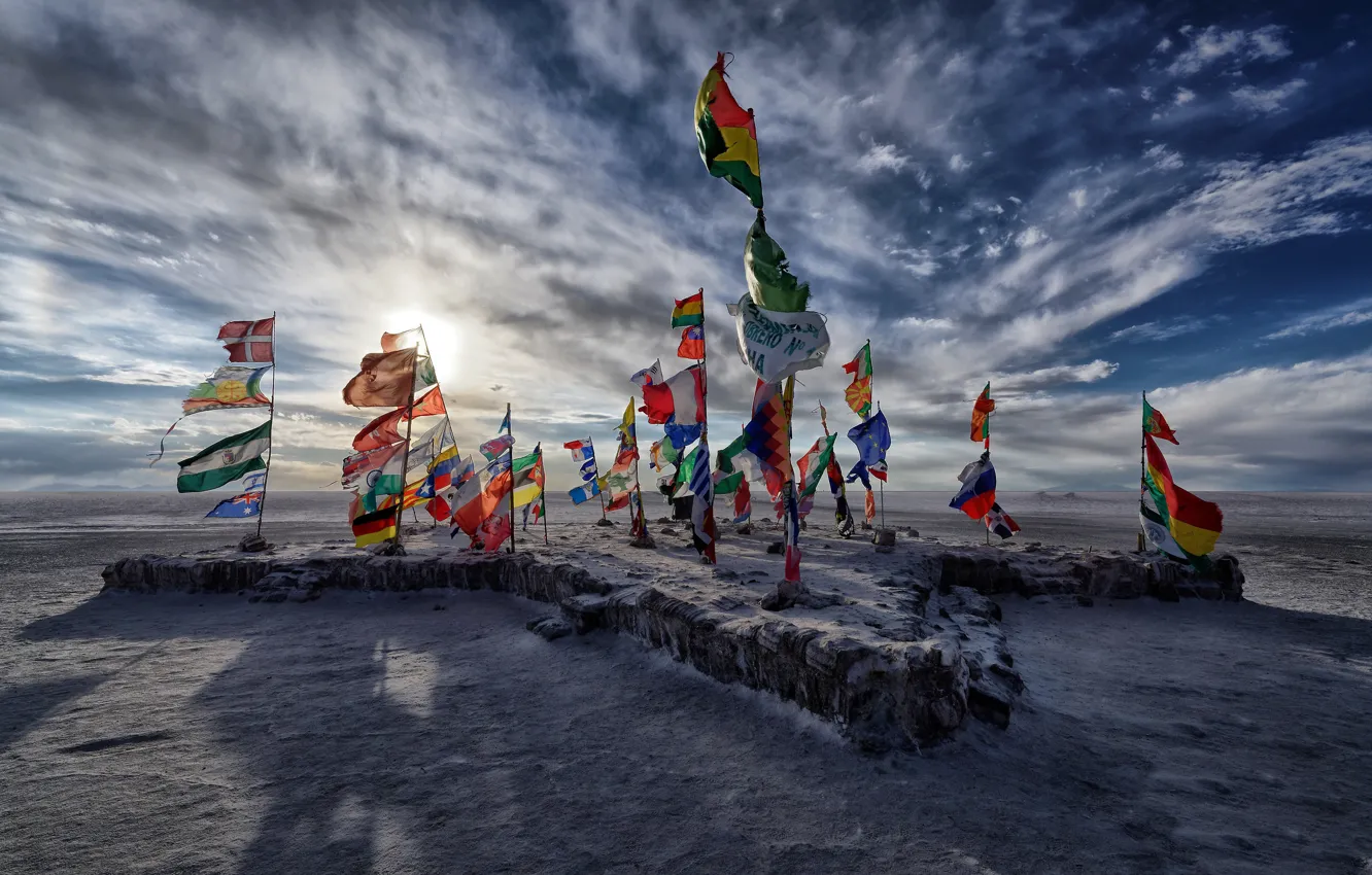 Photo wallpaper lake, flags, Salar de uyuni, salt, Bolivia