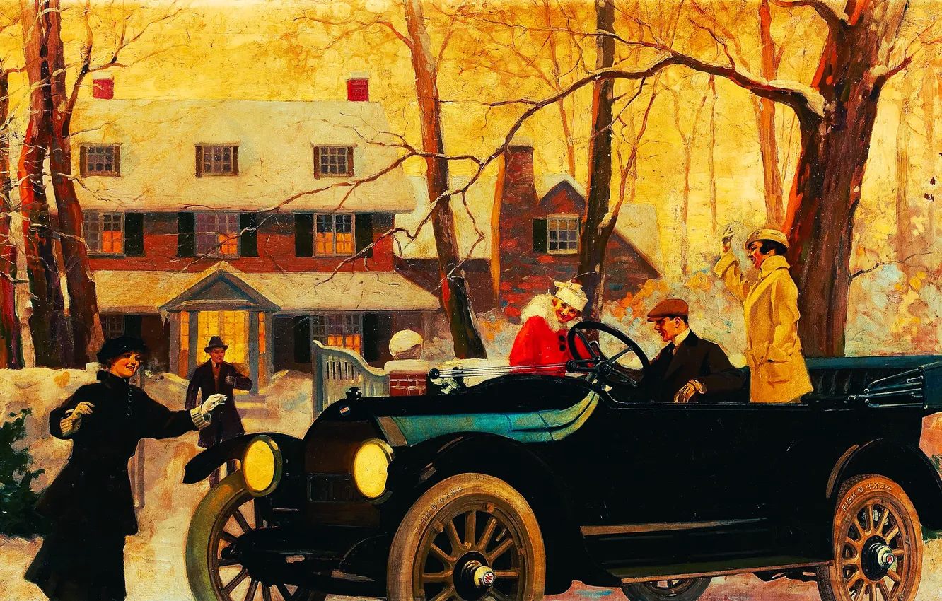 Photo wallpaper winter, snow, trees, retro, people, car, mansion