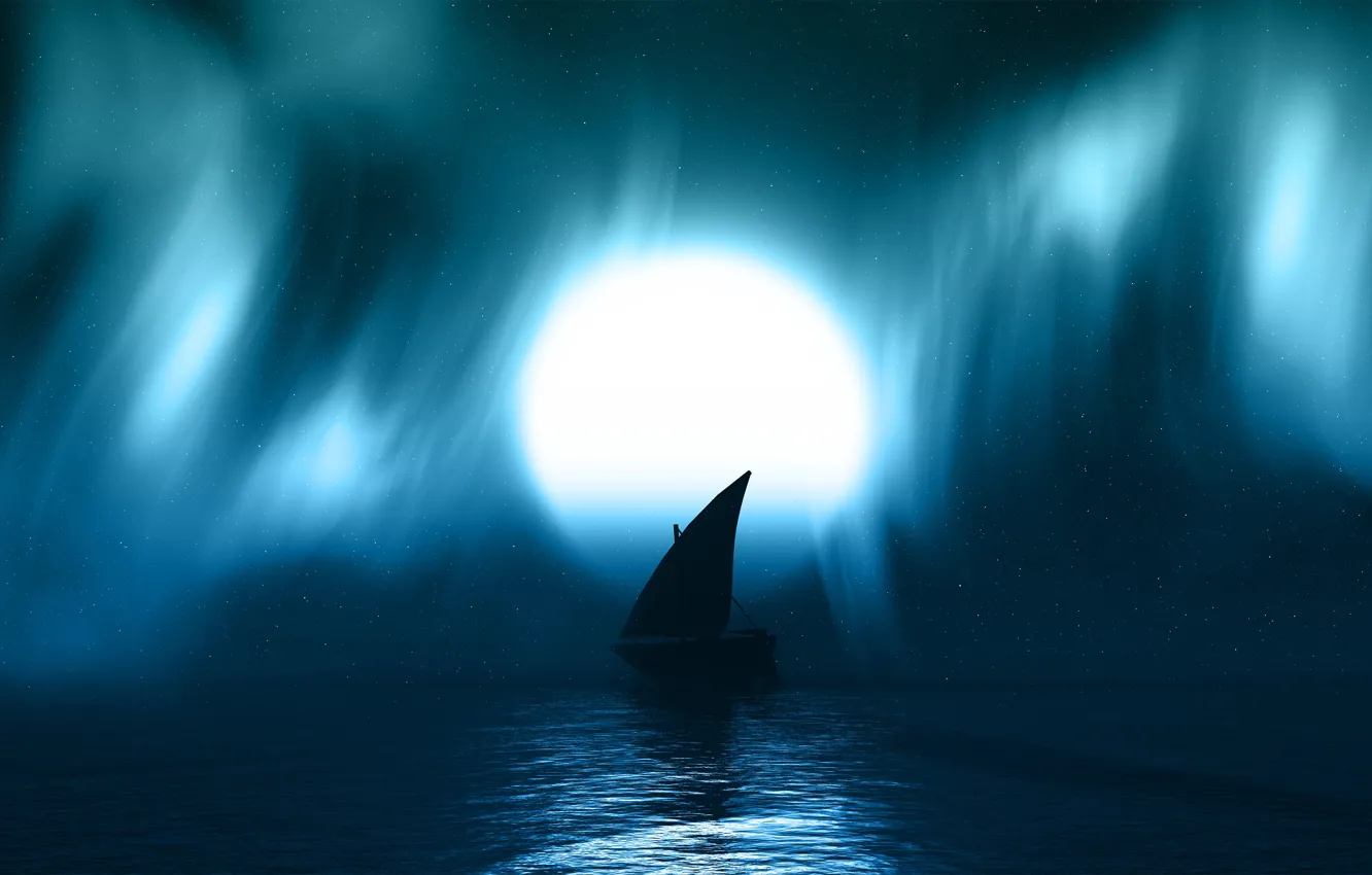 Photo wallpaper dark, moon, blue, night, full hd, boat, watter