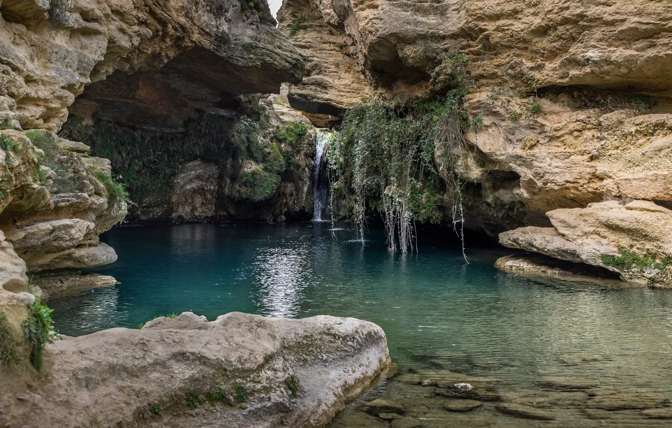 Photo wallpaper lake, rocks, cave, the grotto