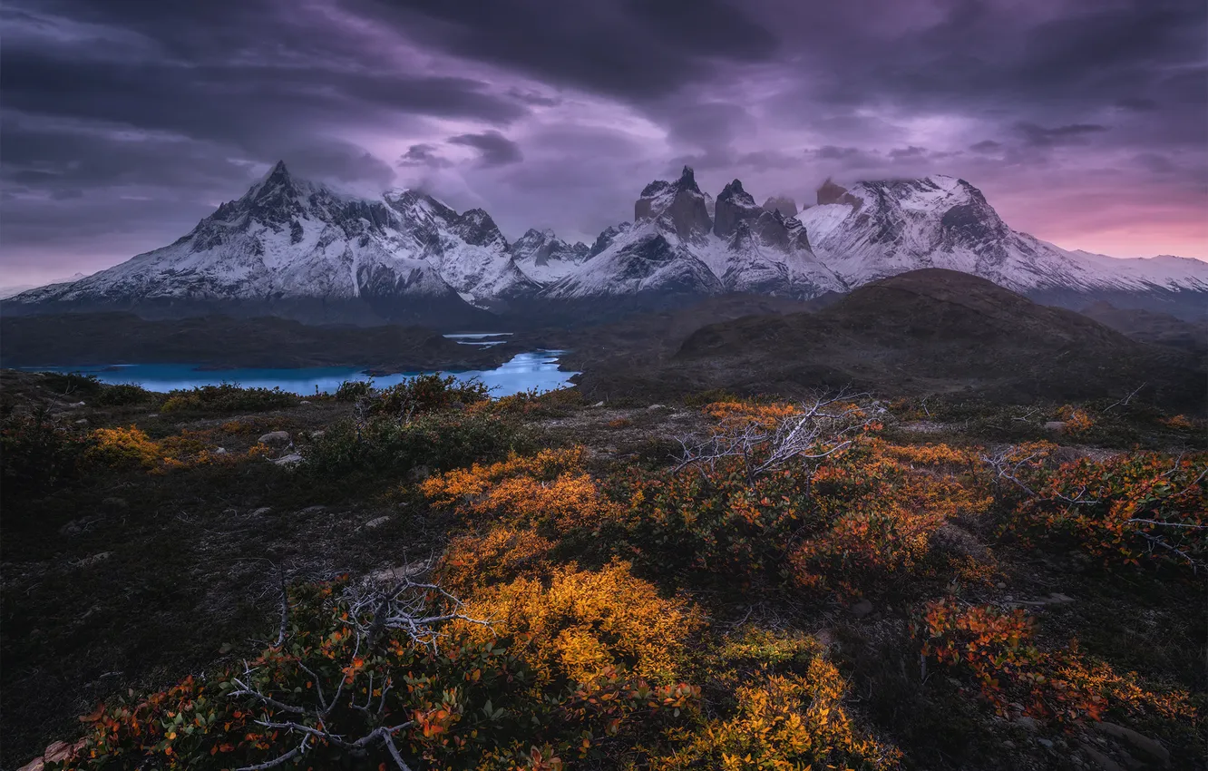 Photo wallpaper clouds, mountains, vegetation, horizon, space, pond, beautiful landscape, the beauty of nature