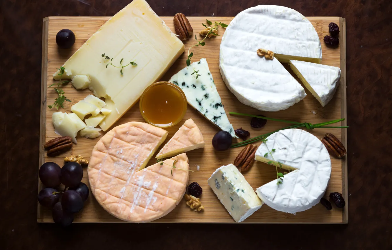 Photo wallpaper cheese, honey, grapes, nuts, cutting Board