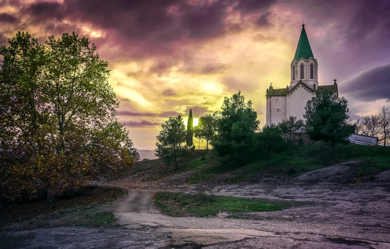 Photo wallpaper road, autumn, the sky, clouds, light, trees, sunset, hills