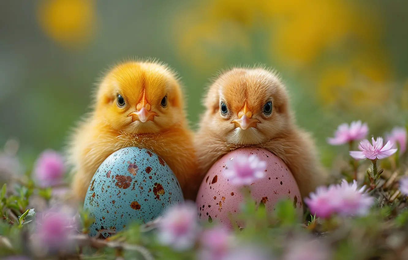 Photo wallpaper flowers, chickens, eggs, spring, colorful, Easter, happy, flowers
