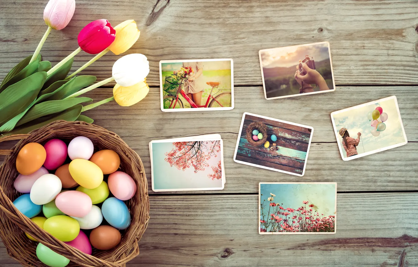Photo wallpaper flowers, photo, eggs, spring, colorful, Easter, tulips, wood