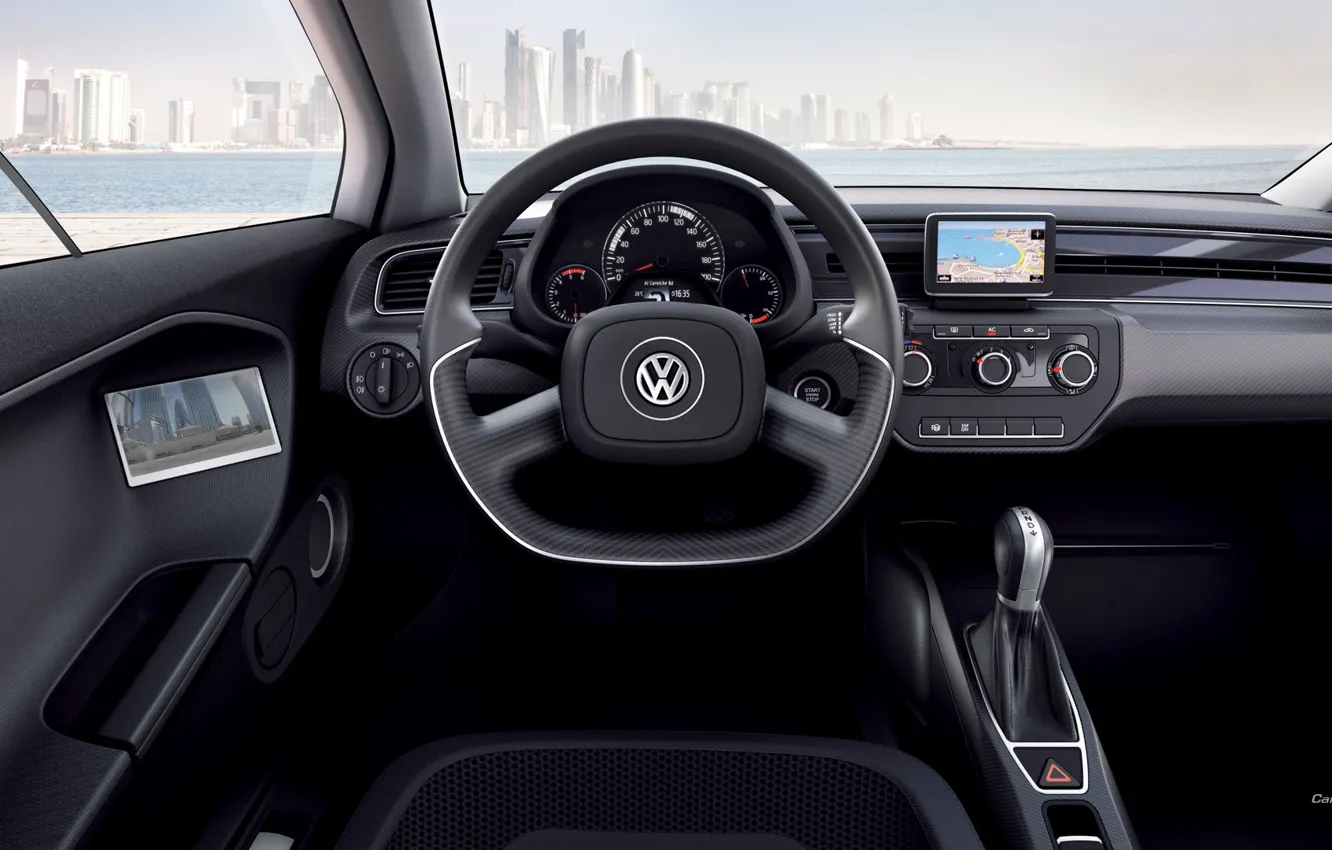 Photo wallpaper sea, the city, Volkswagen, XL1, the view from the driver's seat