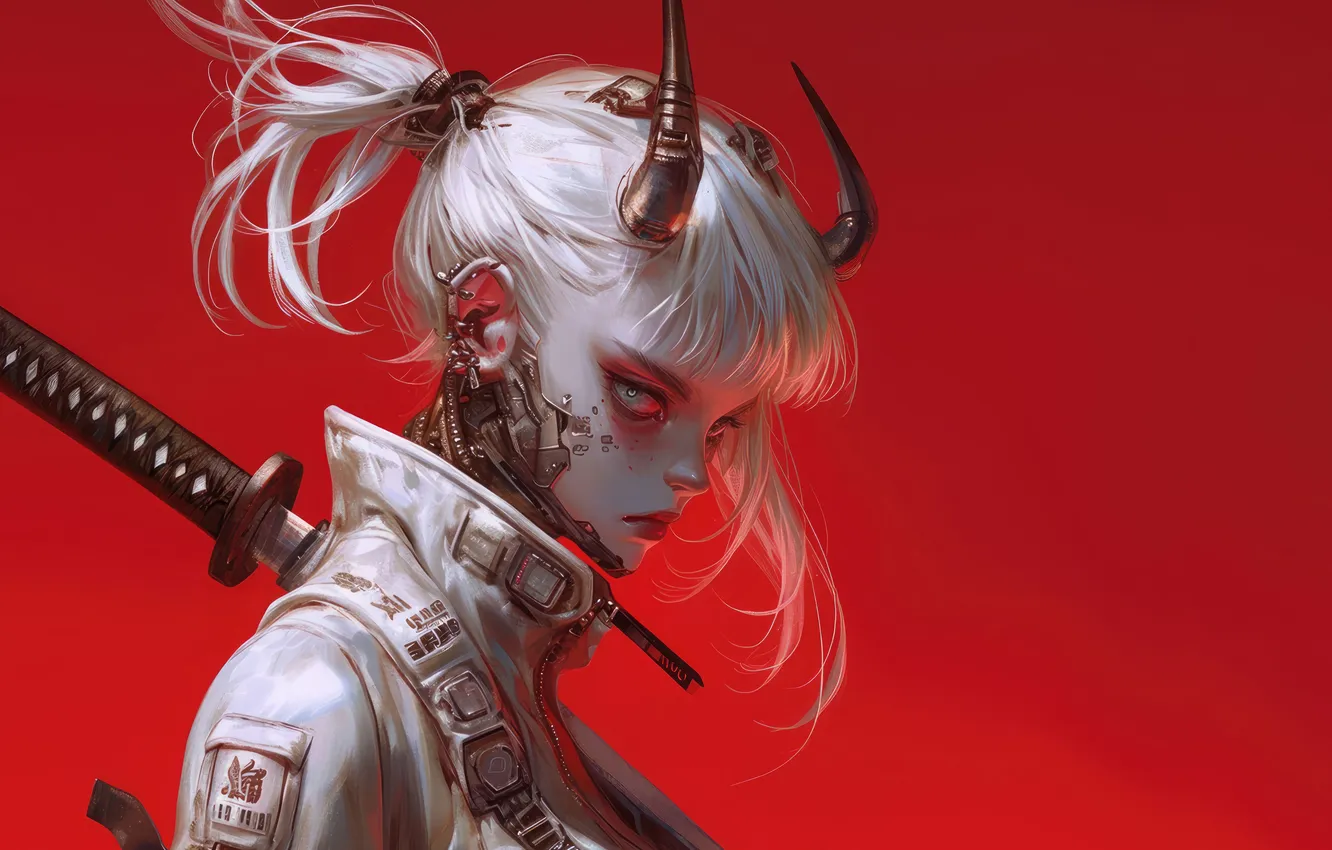 Photo wallpaper girl, white, anime, katana, red background, sci fi, horn, anime girl