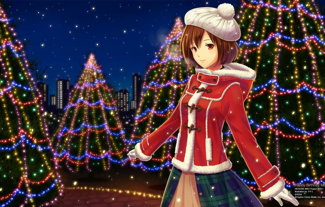 Photo wallpaper tree, new year, art, vocaloid, garland, meiko, undoundo, Asami