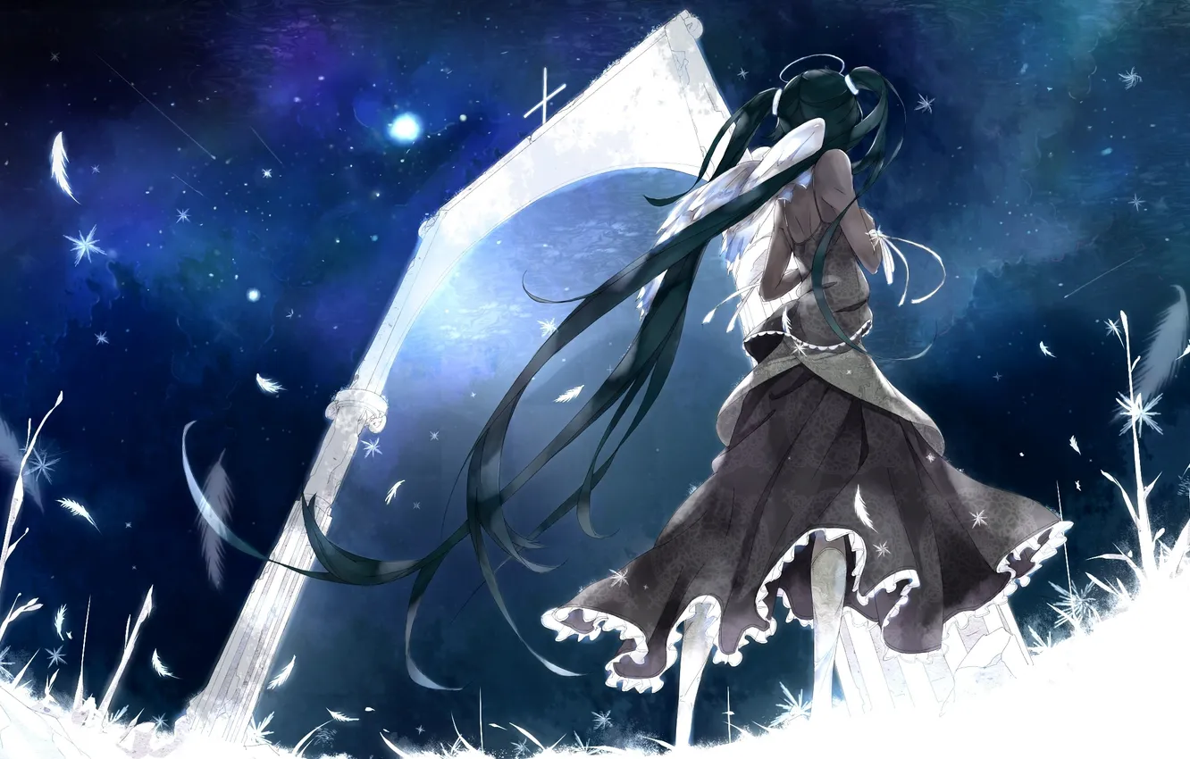 Photo wallpaper girl, stars, night, wings, feathers, the door, vocaloid, hatsune miku