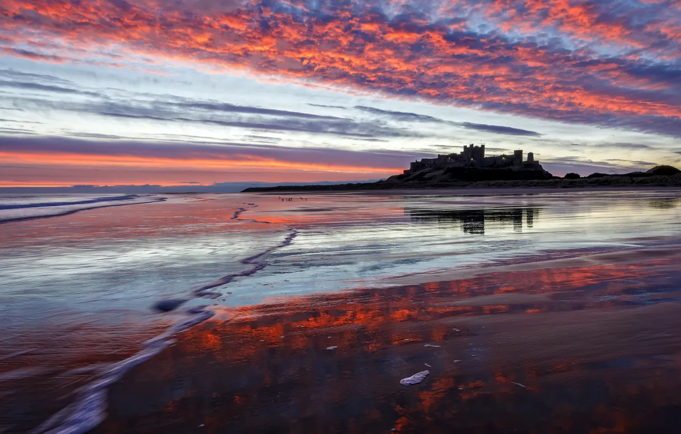 Photo wallpaper sunset, shore, Bamburgh Castle