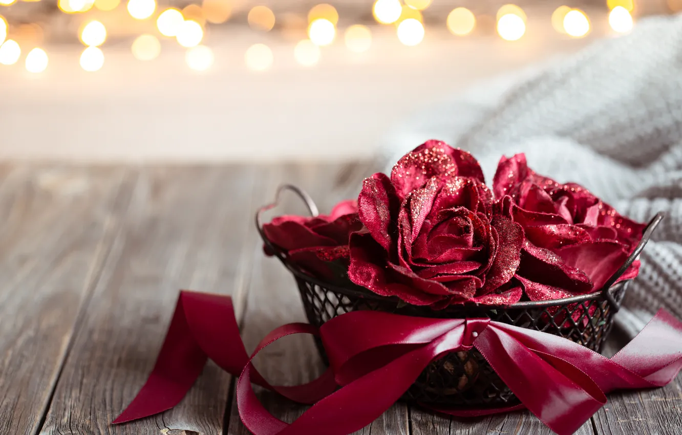 Photo wallpaper light, love, flowers, red, lights, holiday, Board, Shine