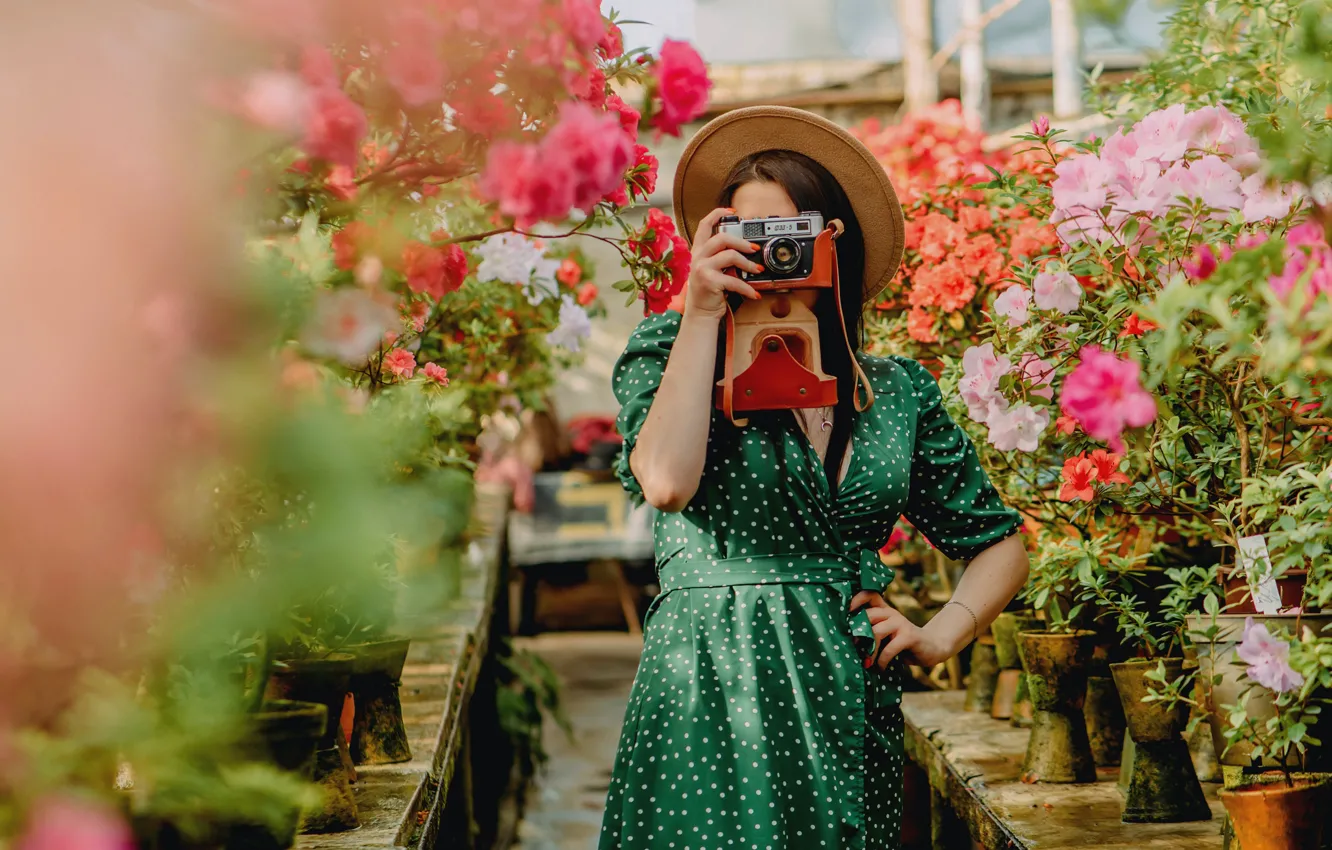 Photo wallpaper girl, flowers, pose, greenhouse, hat, garden, dress, the camera