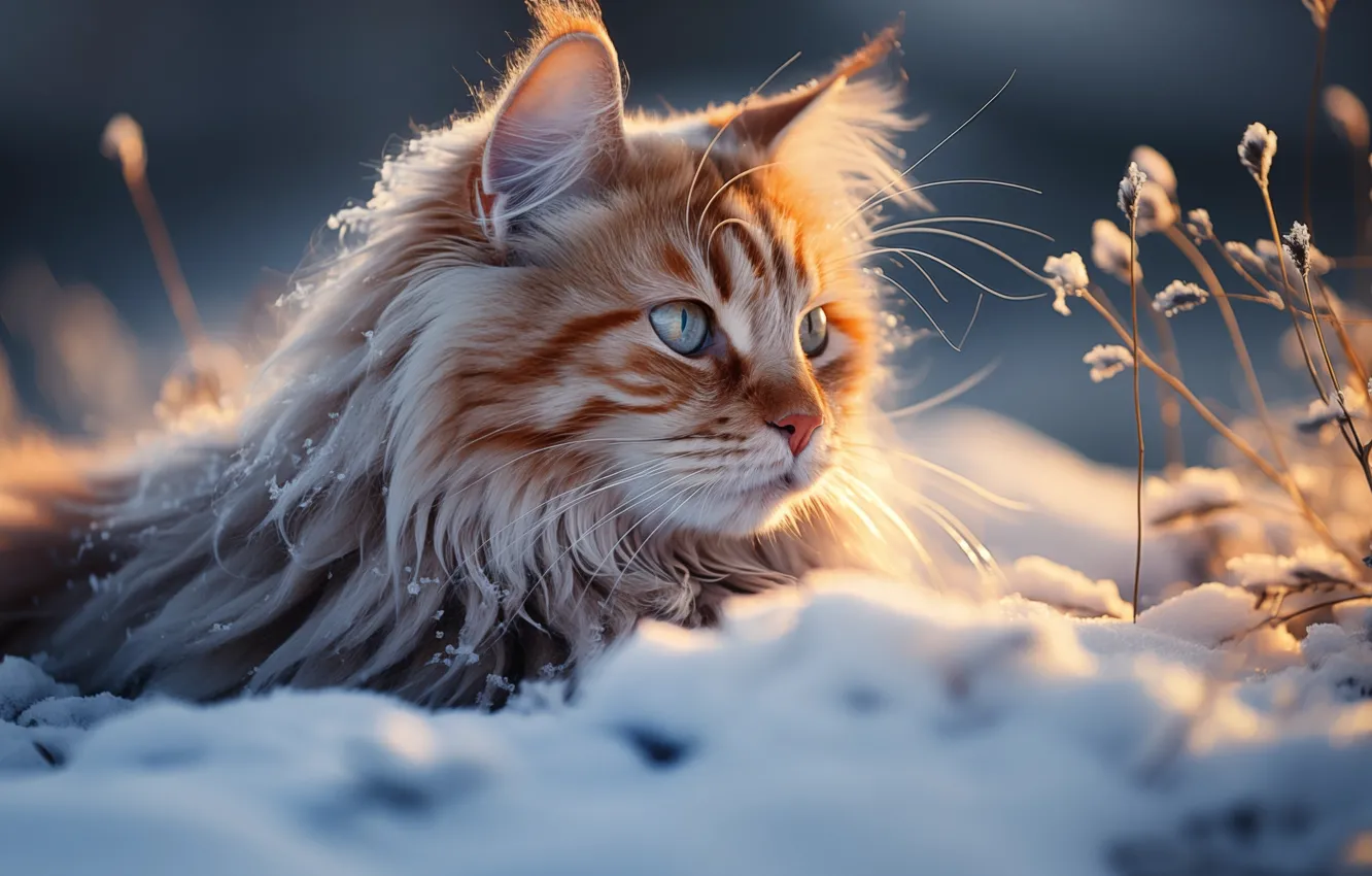 Photo wallpaper winter, cat, cat, look, light, snow, nature, stem