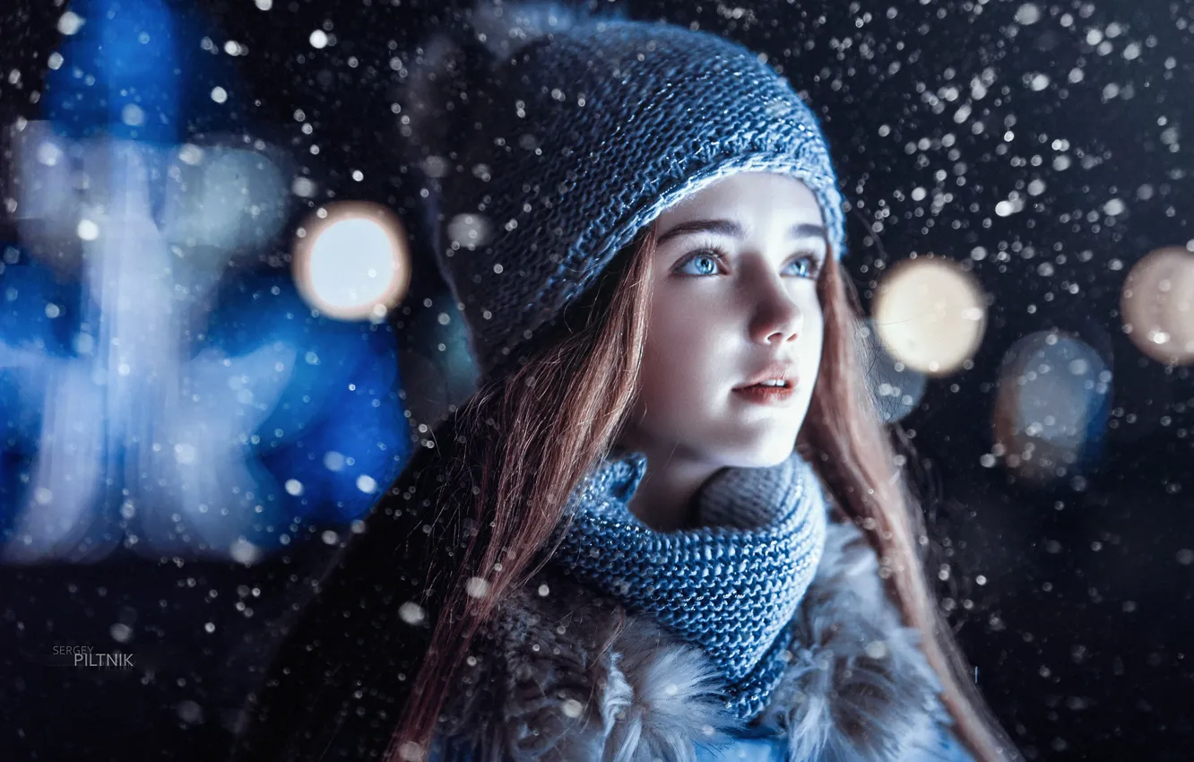 Photo wallpaper winter, look, snow, hat, girl, Sergey Piltnik