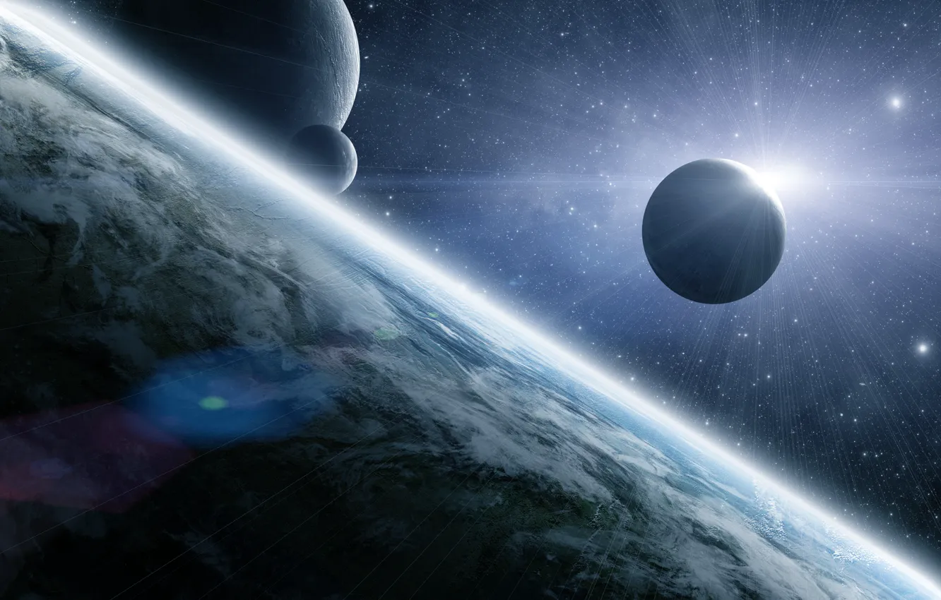 Photo wallpaper space, stars, surface, planet, satellite, Eclipse