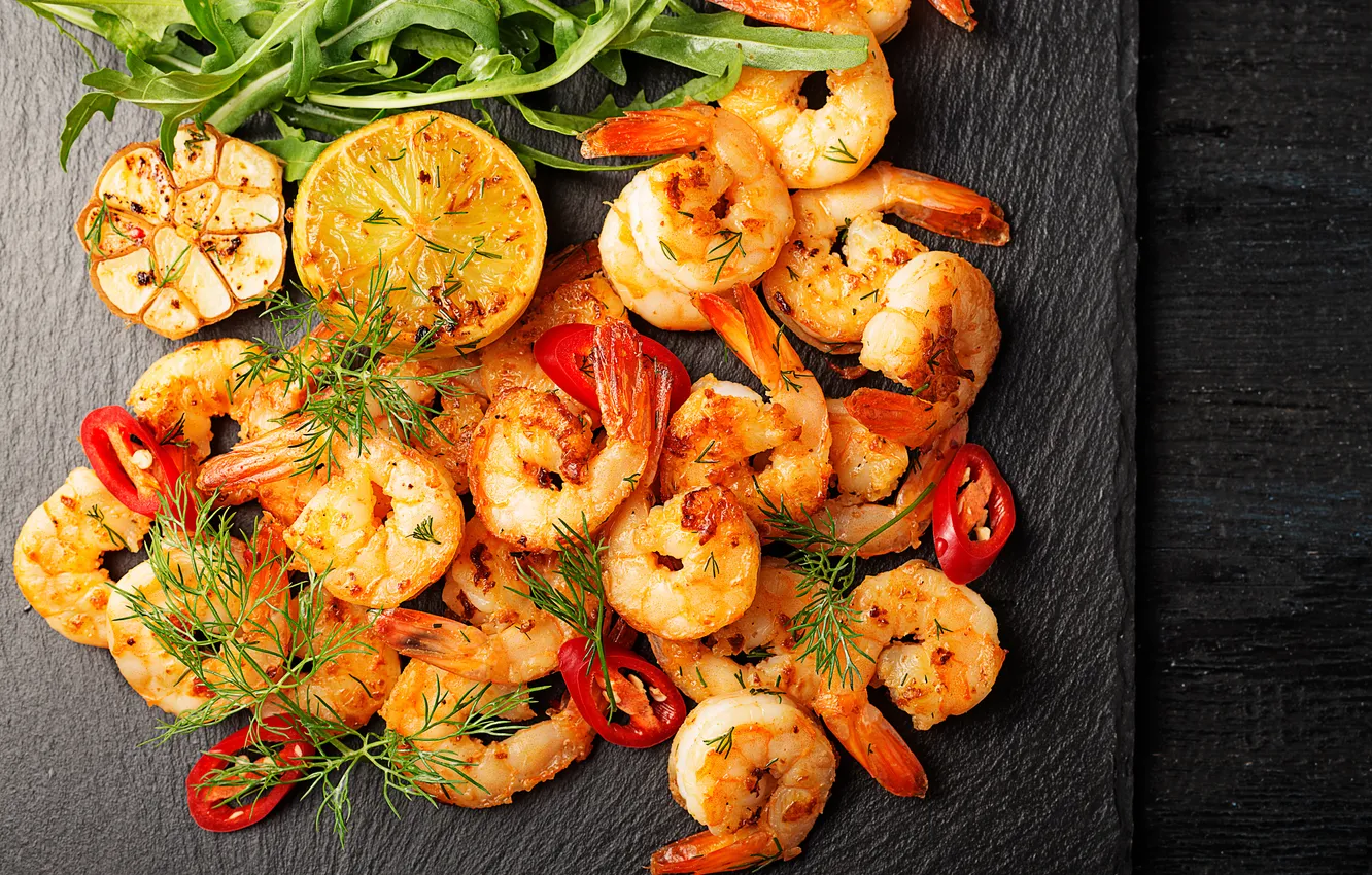 Photo wallpaper greens, lemon, dill, shrimp