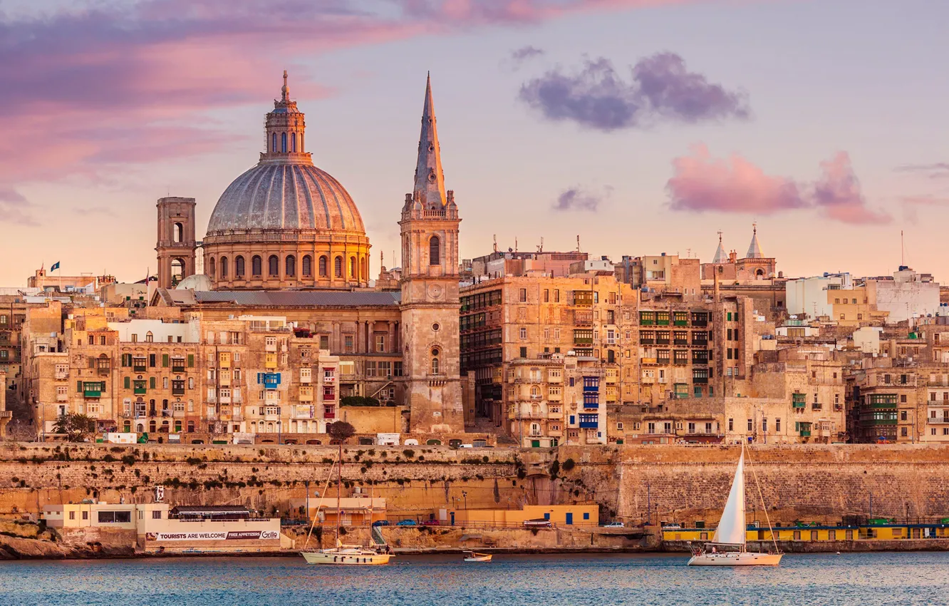 Photo wallpaper sea, building, sailboat, yacht, Malta, Valletta, the Cathedral of St. John