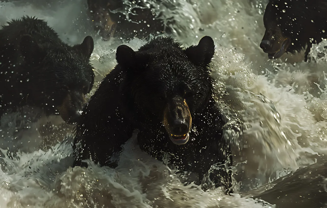 Photo wallpaper water, squirt, bear, river, two, brown bears, digital art, AI art