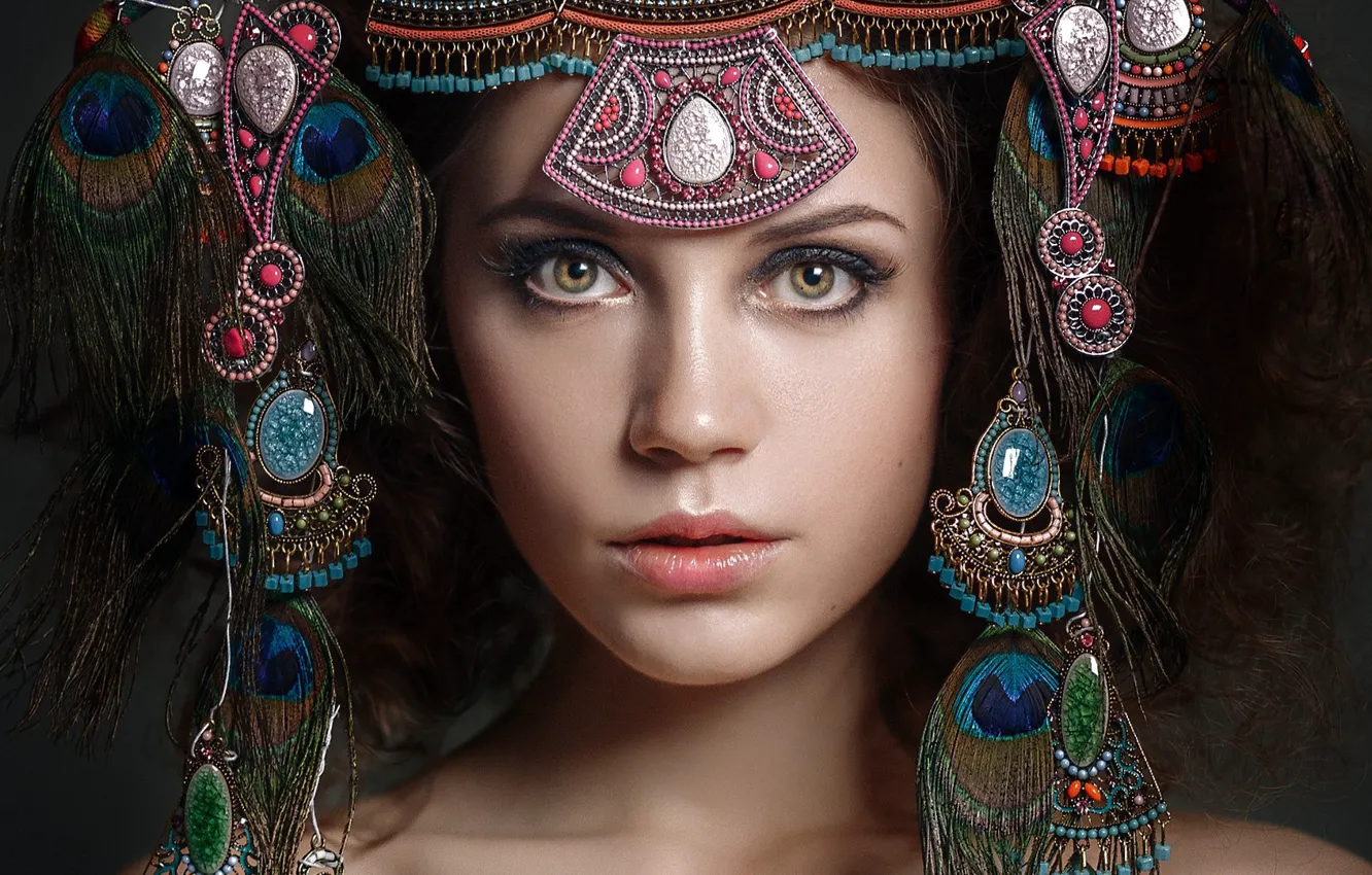 Photo wallpaper look, decoration, face, style, portrait, feathers, Kseniya Kokoreva, Nastassja Parshina