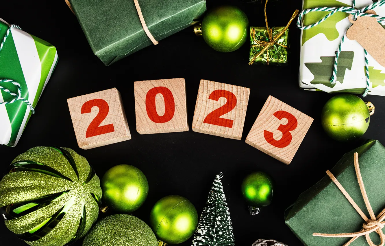 Photo wallpaper balls, green, box, gift, cubes, new year, watermelon, figures