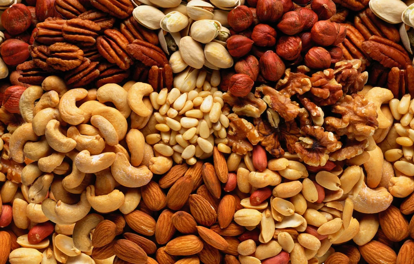 Photo wallpaper nuts, almonds, hazelnuts, cuts, cashews