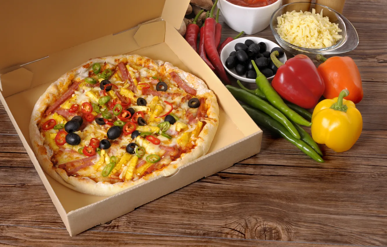 Photo wallpaper cheese, pepper, pizza, olives