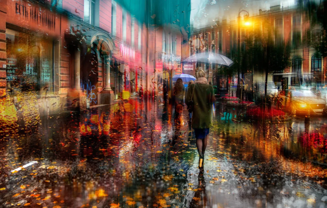 Photo wallpaper autumn, girl, the city, people, street, umbrellas, Russia, Saint Petersburg