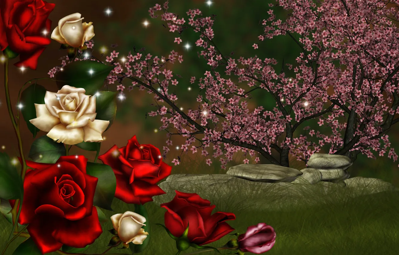 Photo wallpaper stones, collage, roses, flowering