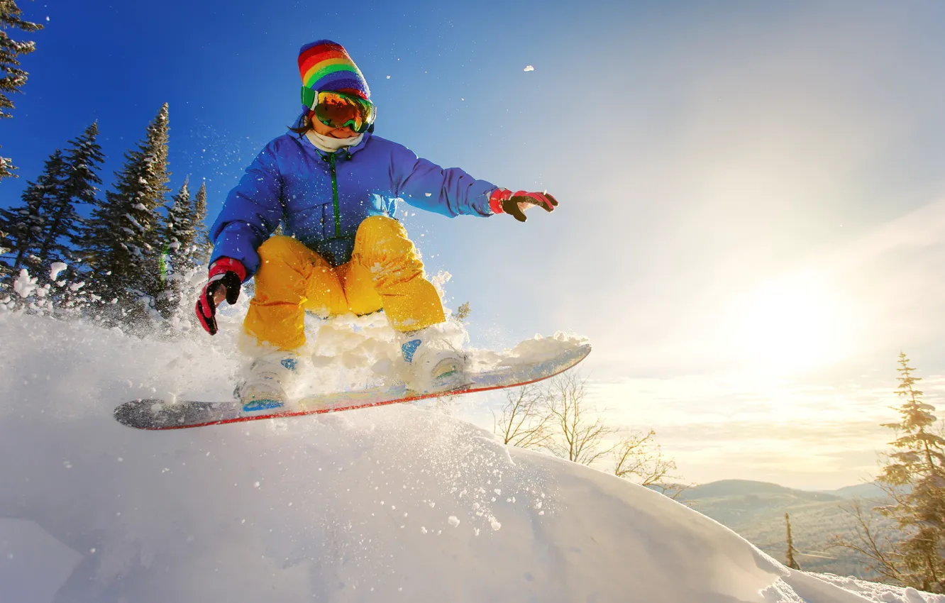 Photo wallpaper Winter, Snow, Sport, Glasses, Snowboard, Jump, Jacket, Caps