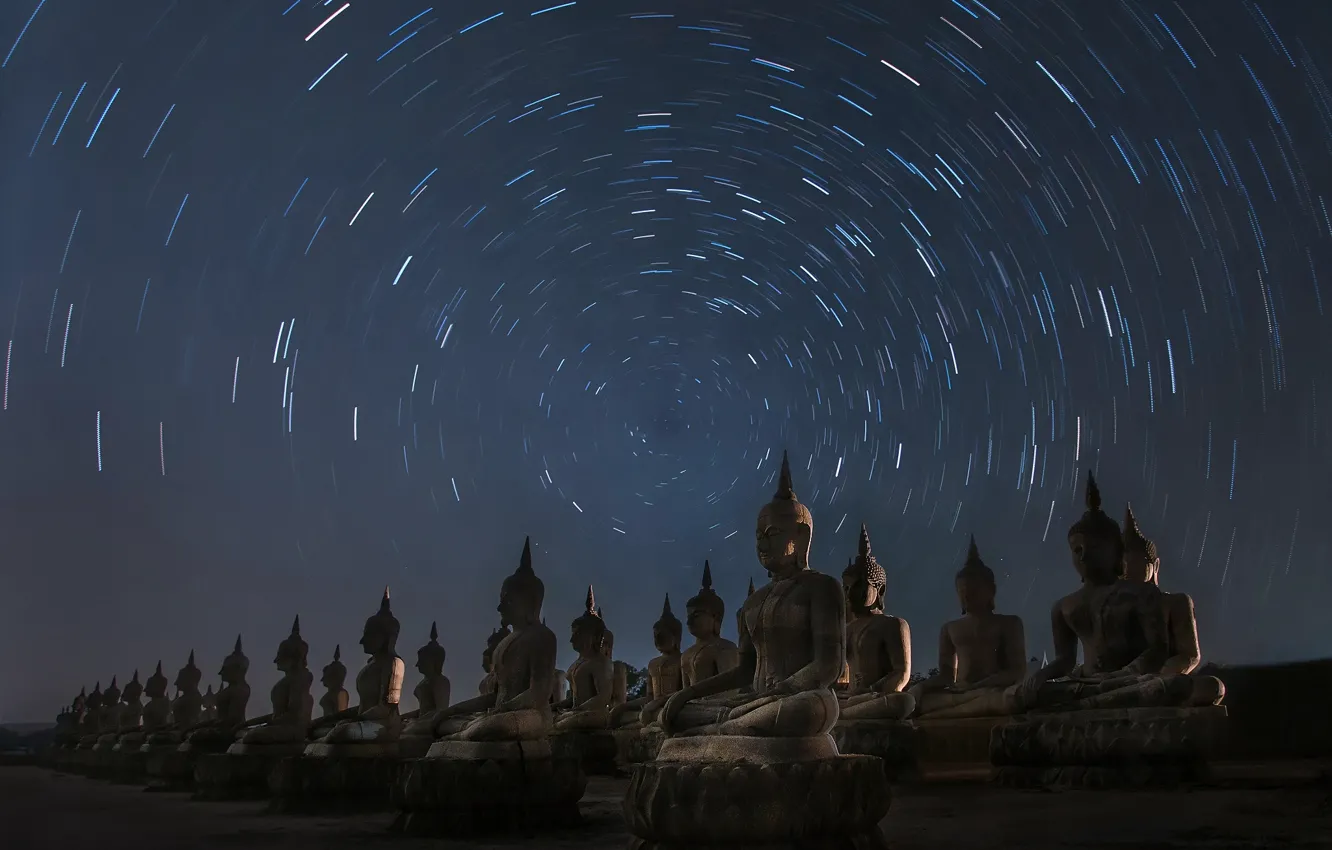 Photo wallpaper stars, night, Thailand, statue, the cycle, Buddha