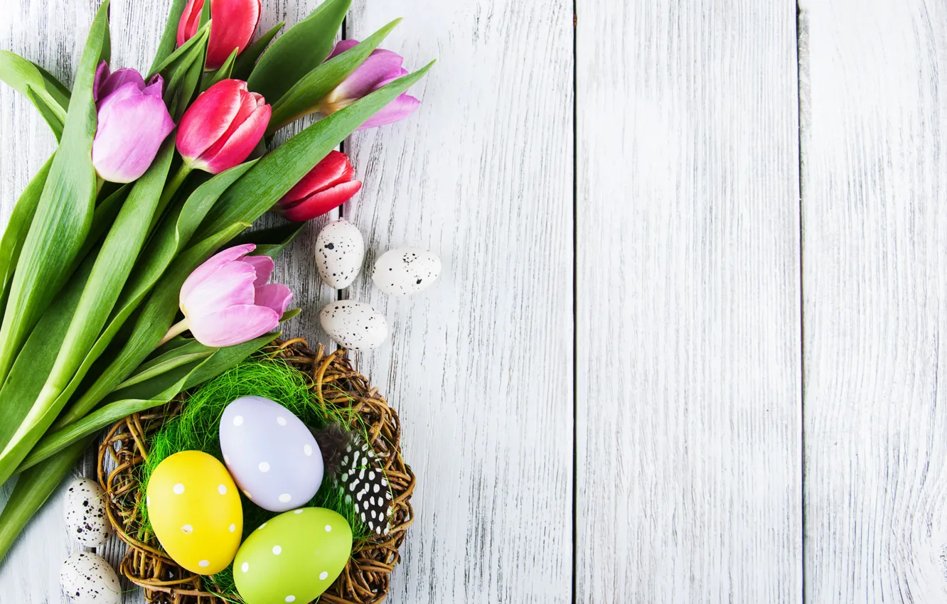 Photo wallpaper flowers, eggs, colorful, Easter, tulips, wood, pink, flowers