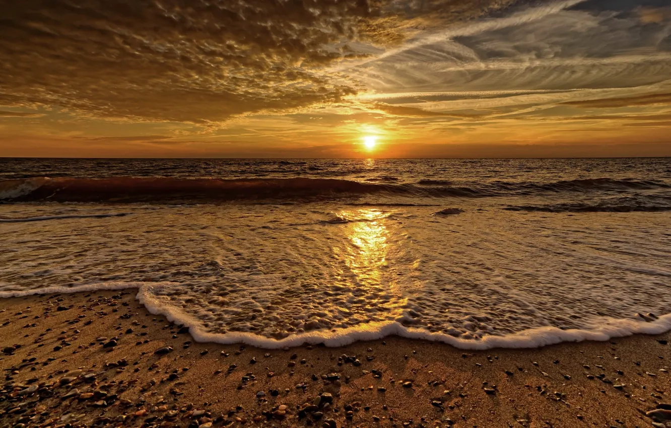 Photo wallpaper sea, foam, sunset, shore, wave