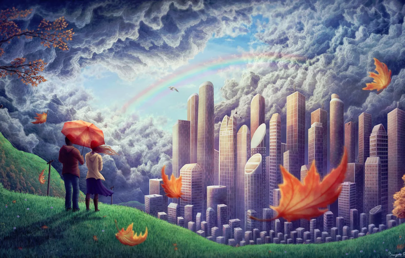 Photo wallpaper girl, clouds, birds, the city, the wind, foliage, rainbow, hill